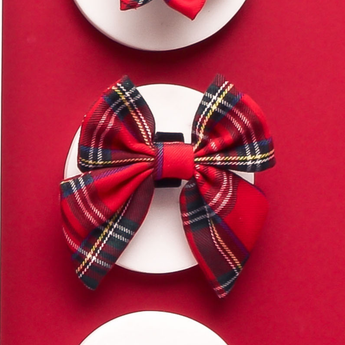Front flat lay of the Tartan Sailor Bow Tie on a white round display