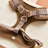Close flat lay of the Pup Plaid harness showing buckles, D-ring and mesh lining