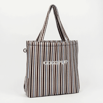 Front studio view of the Cocopup London brown and blue striped tote bag
