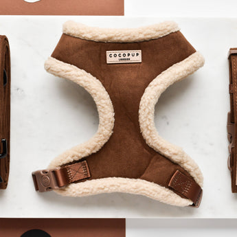 Brown Aviator hondentuig plat neergelegd met bruin imitatiesuède en crèmekleurige zachte rand