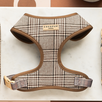 Front flat lay of the Pup Plaid Adjustable Neck Harness by Cocopup London