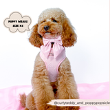 Apricot poodle sitting on a pink backdrop wearing the Cocopup London Baby Pink Heart Luxe Sailor Bow Tie