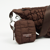 Espresso Crescent treat pouch clipped to a matching quilted brown dog walking bag