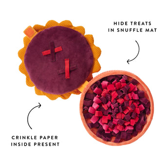 Berry Pie snuffle dog toy diagram showing hidden treat areas and crinkle details