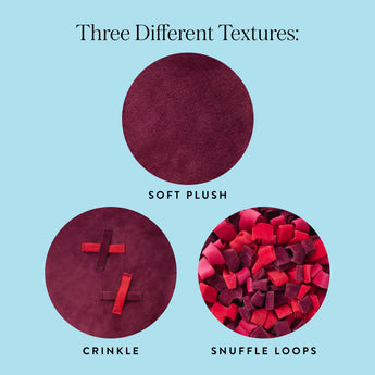 Close-up guide to the Berry Pie dog toy's plush, crinkle and snuffle textures