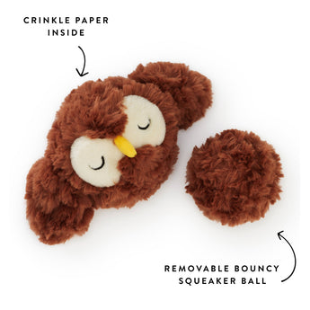 Owl dog toy diagram showing the removable bouncy squeaker ball and crinkle paper