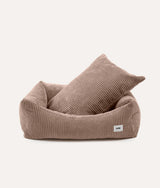 Mocha beige corduroy CAFIDE Snozy dog bed with matching cushion