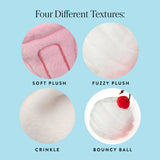 Close-up guide to the Strawberry Milkshake dog toy's plush, crinkle and bouncy-ball textures