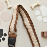 Cocopup London Brown Aviator strap close-up showing brown suede-look fabric and cream teddy trim