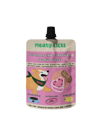 Birthday Cake Meaty Licks peanut butter pouch for dogs, 113 g
