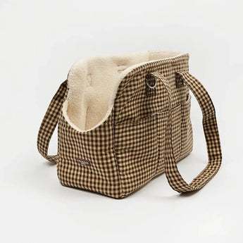 Cotswold Check carrier side view showing cream lining, pocket and shoulder straps
