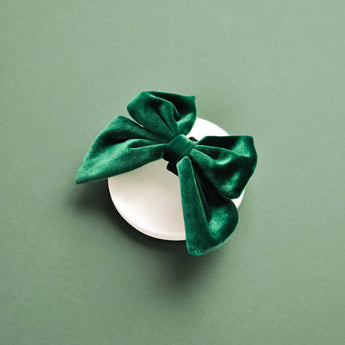 Cocopup London Forest Green Luxe Velvet Sailor Bow Tie on a muted green background