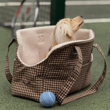 Small cream dog sitting in Cotswold Check carrier outdoors beside a blue ball