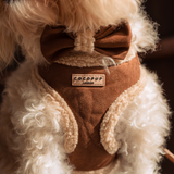 Close-up van borstpaneel en label van het Brown Aviator tuig op een crèmekleurige krulhond