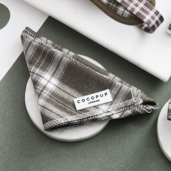 Cocopup London Olive Check Bandana folded on a white dish in a green and neutral flat lay