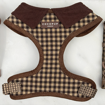Cotswolds Check harness laid flat, showing brown check, corduroy neck panel and straps