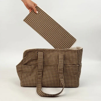 Cotswold Check carrier with checked side of removable base being inserted