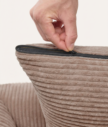 Zipped removable cover on the mocha beige CAFIDE Snozy dog bed