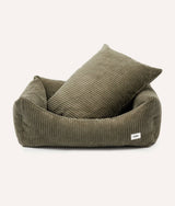 Green corduroy CAFIDE Snozy dog bed with matching cushion