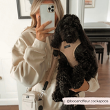 Woman holding a black curly dog while wearing the Teddy Rupert bag strap and cream bag