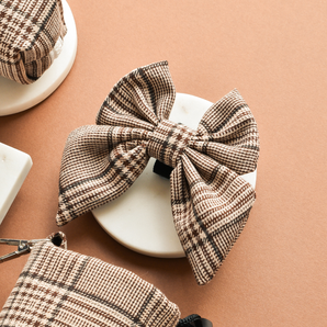 Front flat lay of the Pup Plaid Sailor Bow Tie by Cocopup London