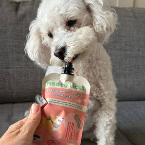 White dog licking a Smokey Bacon Meaty Licks peanut butter pouch on a sofa