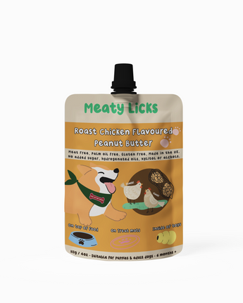 Roast Chicken Meaty Licks peanut butter pouch for dogs, 113 g