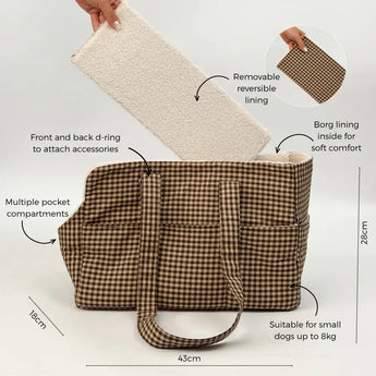 Cotswold Check carrier feature diagram with reversible base, pockets, D-rings and dimensions