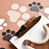 Coiled Brown Aviator dog lead showing brown faux suede, black swivel clip and brand label