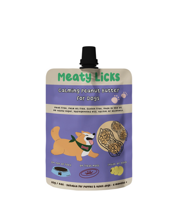 Calming Meaty Licks peanut butter pouch for dogs, 113 g
