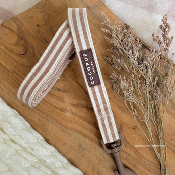 Close-up of the padded handle and D-ring on the London Linen Stripes lead beside dried flowers, by Cocopup London