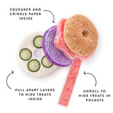 Bagel and Lox toy diagram showing pull-apart layers, treat pockets, squeaker and crinkle details