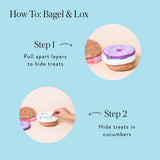 How-to guide for separating the Bagel and Lox toy layers and hiding treats