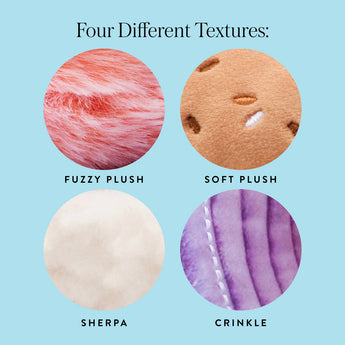 Close-up guide to the Bagel and Lox dog toy's four textures