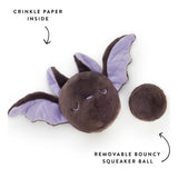 Bat dog toy diagram showing the removable bouncy squeaker ball and crinkle paper