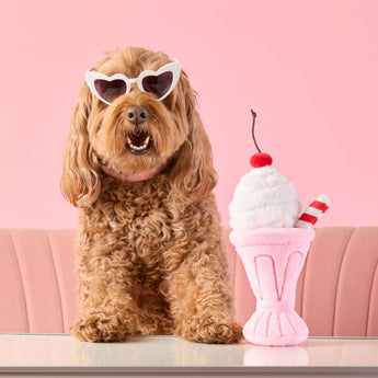 Dog sitting beside the Strawberry Milkshake interactive toy