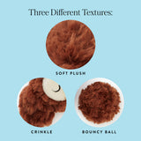 Close-up guide to the Owl dog toy's plush, crinkle and bouncy-ball textures