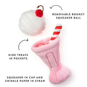 Strawberry Milkshake toy diagram showing the removable bouncy squeaker ball and hidden treat pockets