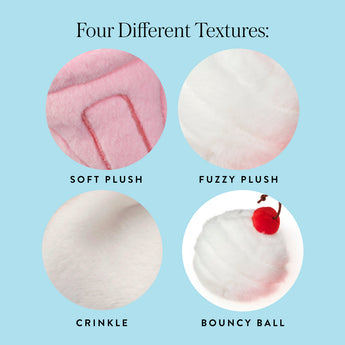 Close-up guide to the Strawberry Milkshake dog toy's plush, crinkle and bouncy-ball textures