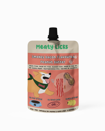 Smokey Bacon Meaty Licks peanut butter pouch for dogs, 113 g