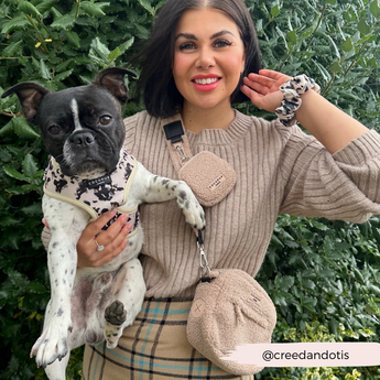 Woman outdoors holding a black and white French bulldog while wearing Teddy Rupert bag