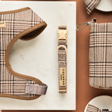 Pup Plaid collar beside a close detail of the matching harness