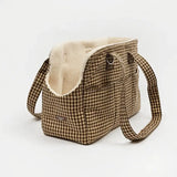 Cotswold Check carrier side view showing cream lining, pocket and shoulder straps