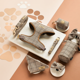Full Pup Plaid walking set arranged on a peach and cream background
