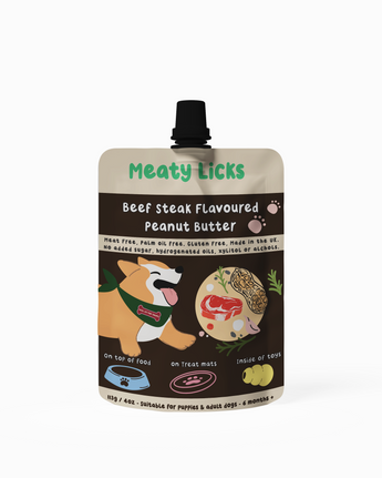 Roast Beef Meaty Licks peanut butter pouch for dogs, 113 g