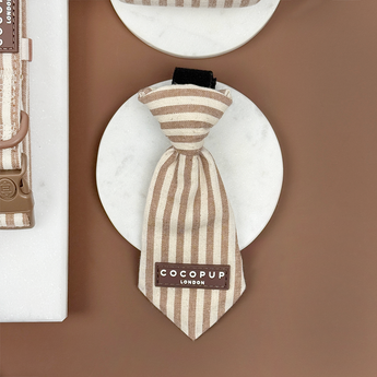Front view of the London Linen Stripes Dog Tie on a white dish, by Cocopup London