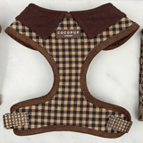 Cotswolds Check harness laid flat, showing brown check, corduroy neck panel and straps