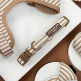 London Linen Stripes dog collar laid flat with buckle, D-ring and brand label visible, by Cocopup London