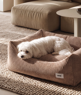 White dog resting in a mocha beige corduroy CAFIDE Snozy dog bed